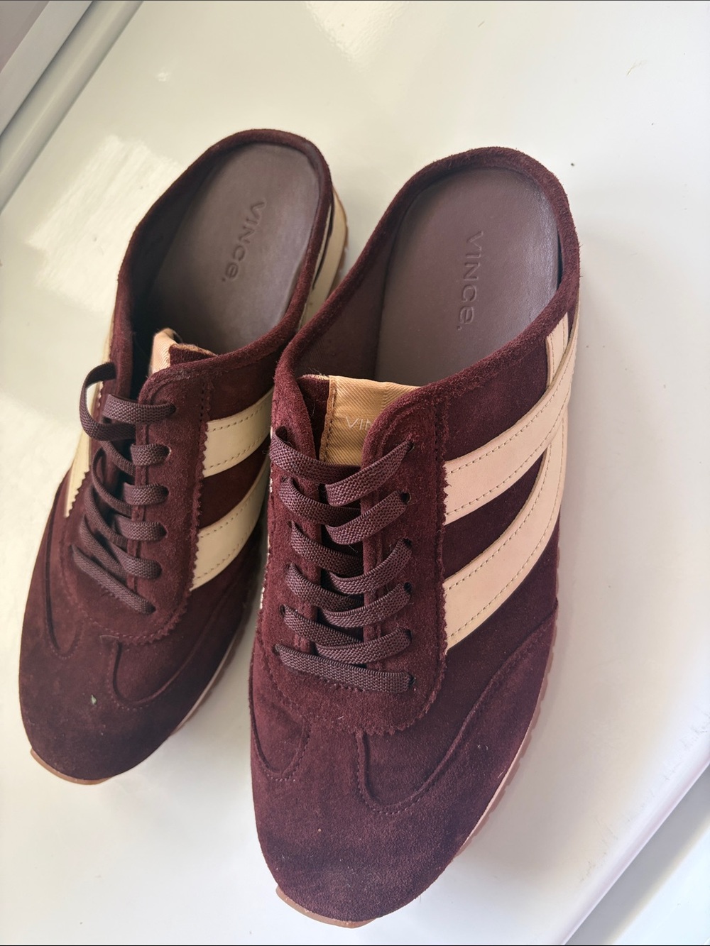 Vince Burgundy Suede Sneaker Mules with Cream Stripes
